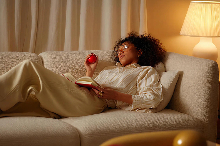 Creator reading on couch